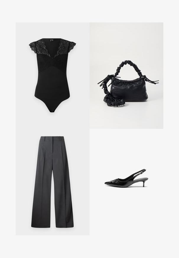 Sort bodysuit med blonde kapærmer og et blondepanel på bodicen. Glat materiale i en tætsiddende design med V-hals og en thong-ryg.; Bredde benbukser i mørkegrå stof, med høj talje, enkelte læg og en glat tekstur med en ren finish ved kanten.; Sorte læderslippers med spidse tæer, lille kitten hæl og en dekorativ knude detalje foran. Glat tekstur hele vejen rundt.; Sort kunstlæder håndtaske med krokodilteksur, indsnøret top og en sammenkrøben rem. Ser blød og kompakt ud i designet.