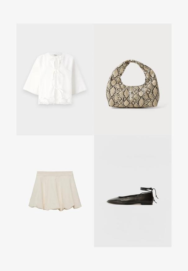 Bela bluza z okroglim ovratnikom, zavezovanjem spredaj, rokavi do tri četrtine in robom s čipkastim detajlom.; Krema barve krilo z mehko, gladko teksturo, razširjenim dizajnom in valovitim robom. Ima širok elastičen pas za udobje.; Črne usnjene baletne čevlje s koničastim nosom, vezi okrog gležnja in ravnim podplatom, ki se ponašajo z gladko teksturo in minimalističnim dizajnom.; Torba z vzorom kače s ukrivljenim ročajem. Narejena iz teksturiranih, bež in rjavih materialov, ki imajo značilen diamante vzorec.