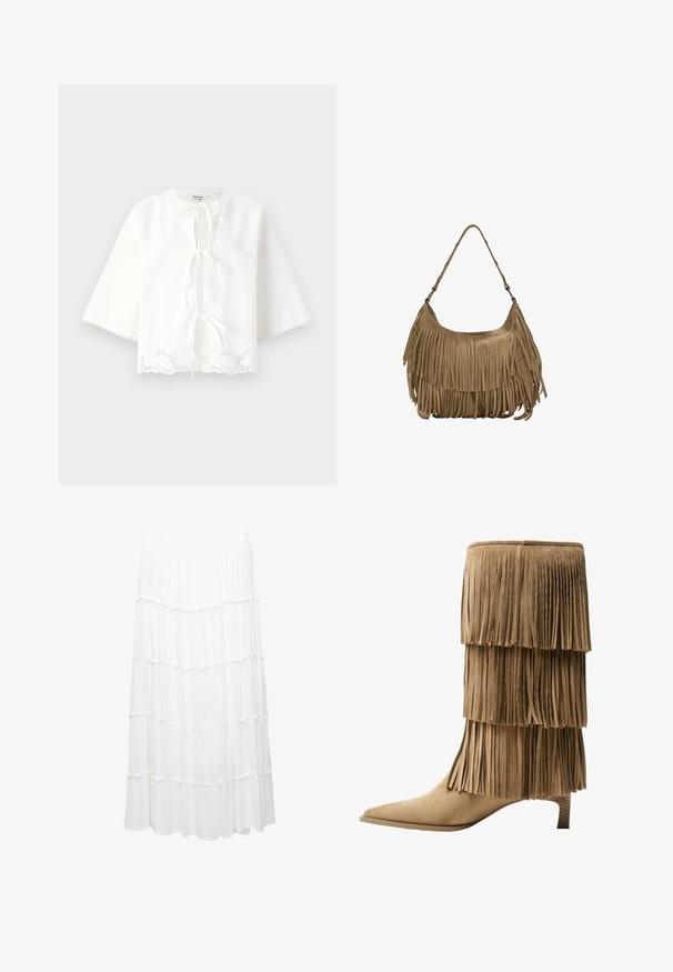 Blusa bianca con scollatura rotonda, chiusura anteriore con nodo, maniche a tre quarti e dettagli in pizzo a scallop lungo l'orlo.; Gonna bianca a strati realizzata in tessuto leggero, con una cintura elastica, strati arricciati e un design fluido che arriva fino a metà polpaccio.; Stivale alla caviglia in suede color ocra con tre strati di frange. Punta affusolata e tacco basso a blocco. Texture liscia su tutta la superficie.; Borsa a tracolla in suede marrone con lunghi dettagli in frange, forma curva e una singola tracolla. Presenta una superficie liscia e testurizzata.