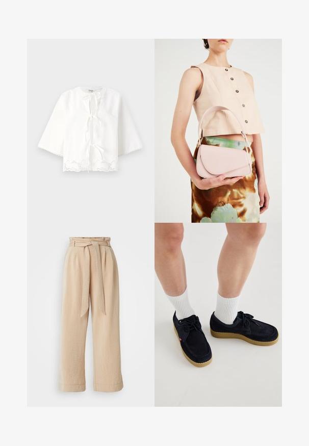 Blusa branca com decote redondo, fecho frente amarrado, mangas três quartos e detalhes em renda escallopada na bainha.; Calças de perna larga bege com cintura cingida, feitas de tecido texturizado. Apresenta um plissado frontal e um acabamento suave na bainha.; Sapatos em camurça azul-marinho com bico redondo, design de atacador e sola de borracha na cor creme. Usados com meias brancas caneladas.; Bolsa de mão rosa em pele com aba curva, alça única para o ombro e linhas limpas. A bolsa apresenta uma textura suave e um design minimalista.