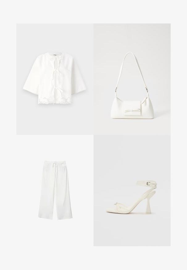 Biała bluzka z okrągłym dekoltem, zasuwana z przodu na węzeł, z rękawami 3/4 oraz koronkowym wykończeniem w kształcie falbanki na dole.; Białe spodnie szerokie z miękkiego materiału, z elastycznym pasem i dwoma przednimi kieszeniami. Gładka tekstura i brak widocznych wzorów.; Białe skórzane sandały na wysokim obcasie z paskami, o smukłym wyglądzie, z przezroczystym słupkiem i ozdobnym elementem na palcach.; Biała syntetyczna torba o trójkątnym kształcie, płaskim przednim klapce i detalach w postaci kokardy, regulowanym pasku, gładkiej fakturze oraz minimalistycznym designie.