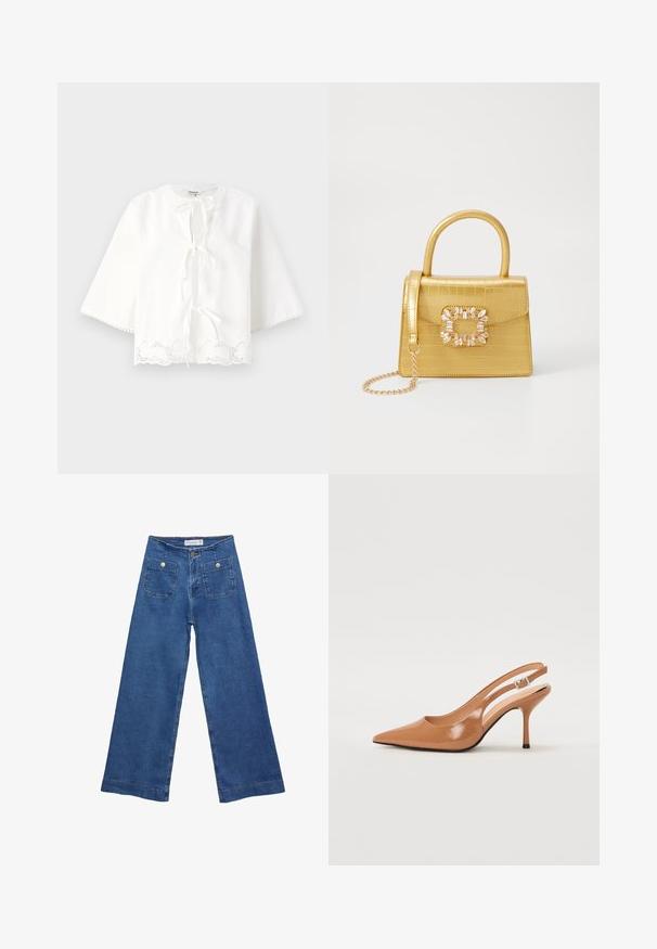 Bijela bluzica s okruglim izrezom, vezanjem sprijeda, rukavima do tri četvrtine i čipkastim detaljima s valovitim rubom.; Denim široke hlače s medijskom plavom pranju, dva prednja džepa s dugmadi, i šivana dekoracija duž rubova.; Sandal s petom u obliku šiljastog prsta od glatkog, sjajnog smeškastog materijala. Ima zakrivljeni izrez i vitku štiklu. Detalj s srebrnom kopčom.; Žuta torbica od umjetnog krokodila sa strukturiranim dizajnom, gornjom ručkom, odvojivim lančićem i dekorativnim kristalnim ukrasom na kopči.