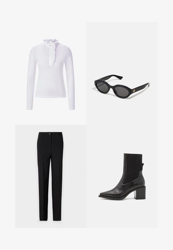 Bílá košile s dlouhým rukávem, texturovaným volánkovým límcem a centrálním knoflíkovým detailem. Hladká látka s přiléhavým střihem.; Černé přizpůsobené kalhoty se střihovým designem s rovnými nohavicemi, s knoflíkovým zapínáním a poutky na opasek, vyrobené z hladké látky.; Černé kotníkové boty s špičatou špičkou, vyrobené z hladké kůže a elastické tkaniny. Mají blokový podpatek a minimalistický design.; Černé oválné sluneční brýle s tmavými skly a lesklým plastovým rámem. Obsahují zlaté logo na straně, které poskytuje elegantní a moderní design.; Modrá vzorovaná taška vyrobená z látky, s oblým tvarem, černým koženým popruhem a logem v světlejším odstínu.