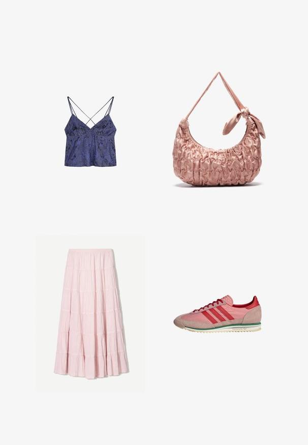 Paarse satijnen camisole met bloemmotief, voorzien van dunne, gekruiste bandjes en een lichte A-lijn vorm, met een zachte, gestructureerde oppervlakte.; Lichtroze, gelaagde maxi-rok van een gestructureerde, lichte stof. Elastische tailleband en vloeiende zoom met ruches.; Rode en roze sport schoenen van leer en suède, met drie gestreepte accenten, een getextureerde tong en een groen gestreepte zool.; Roze satijnen schoudertas met een verzamelde textuur, gebogen vorm en een geknoopt hengsel detail. Gladde afwerking met gestikte accenten.