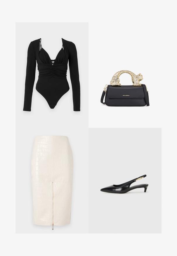 Costum de baie monokini negru, cu mâneci lungi, decolteu adânc în formă de V, cu front plisat și decupaje înalte la picioare. Textură netedă, cu accente hardware minime.; Fustă creion din piele ecologică cu model de crocodil, de culoare crem, având o închidere cu fermoar la spate și o textură netedă, lucioasă.; Sandale slingback din piele neagră cu vârf ascuțit, având un toc subțire și un accent de culoare aurie pe curea ajustabilă. Textură netedă.; Geantă de piele neagră cu un mâner în formă de pisică aurie, având clapetă frontală, curea ajustabilă și detaliu cu logo în partea inferioară frontală.