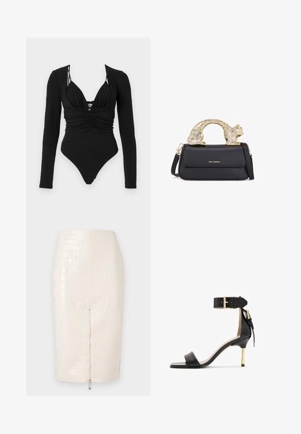 Costum de baie monokini negru, cu mâneci lungi, decolteu adânc în formă de V, cu front plisat și decupaje înalte la picioare. Textură netedă, cu accente hardware minime.; Fustă creion din piele ecologică cu model de crocodil, de culoare crem, având o închidere cu fermoar la spate și o textură netedă, lucioasă.; Sandal cu toc înalt din piele neagră, cu vârf pătrat, curea pentru glezna cu cataramă aurie și toc metalic subțire. Textură netedă, design minimalist.; Geantă de piele neagră cu un mâner în formă de pisică aurie, având clapetă frontală, curea ajustabilă și detaliu cu logo în partea inferioară frontală.