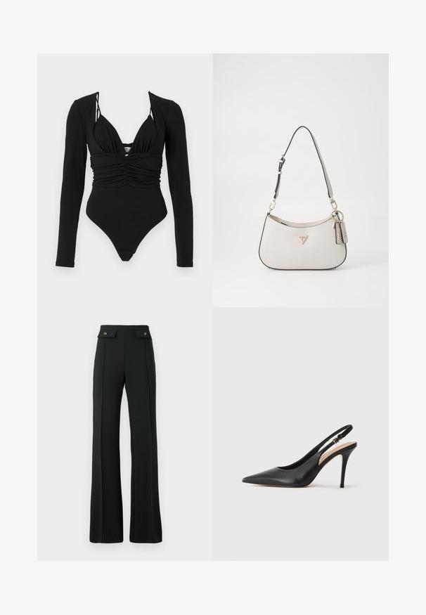 Čierny jednozostavový plavkový úbor s dlhými rukávmi, hlbokým výstrihom do V, zhlukovaným predným dielom a vysokými nohavičkami. Hladká textúra, minimálne kovové akcenty.; Čierne nohavice so zvýšeným pásom a rozšírenými nohavicami, s prednými švami a dvomi vreckami s klopou na zlaté gombíky na páse.; Čierna kožená sandálová topánka na vysokom podpätku s špicatou špičkou, hladkou textúrou a jemným remienkom s kovovou sponou.; Biely textúrovaný kabelka s zakriveným tvarom, zlatým kovaním, odnímateľným popruhom a akcentom loga. Obsahuje pripevnenú značkovú tag.