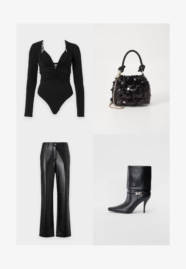 Costume intero nero con maniche lunghe, scollatura a V profonda, frontale arricciato e aperture della gamba alte. Texture liscia, minimi dettagli hardware.; Pantaloni in pelle nera con design a gamba dritta, dotati di chiusura frontale con bottone, passanti per cintura e una texture liscia e lucida.; Stivale ankle in pelle nera con punta affusolata, alto tacco a stiletto, risvolto sulla caviglia e un elegante dettaglio in oro con fibbia decorativa.; Mini borsa a tracolla nera in paillettes con una tracolla texturizzata annodata e catena argentata. Forma rotonda con parte superiore arricciata e dettagli riflettenti.