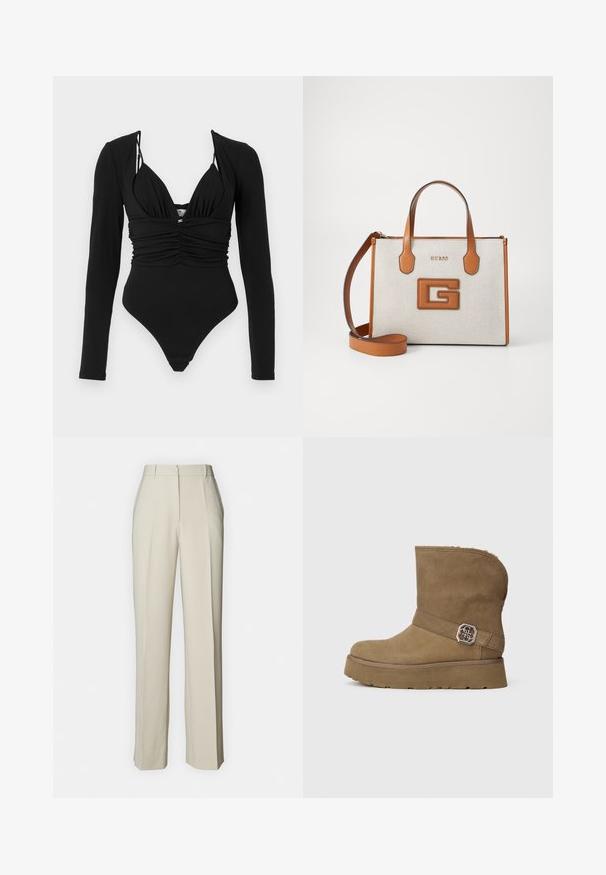 Black one-piece swimsuit with long sleeves, deep V-neckline, gathered front, and high-cut leg openings. Smooth texture, minimal hardware accents.; Beige tailored trousers with a straight cut, featuring front pleats, a flat waistband, and smooth texture for a clean finish.; Brown suede ankle boot with a rounded toe, a plush lining, and a decorative metallic buckle at the ankle. Features a thick platform sole.; Tan and beige handbag with logo, textured fabric, two handles, and detachable shoulder strap. Features gold lettering and a distinct G emblem.