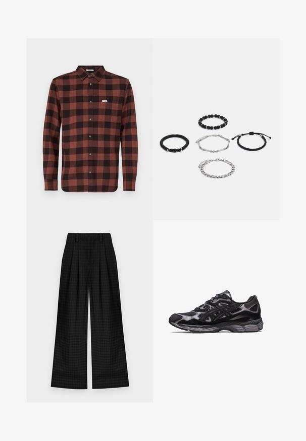 Punainen ja musta ruudullinen pitkähihaisen paita, joka on valmistettu puuvillasta. Paidassa on nappikaulus, täysi nappilista ja rintatasku logolla.; Mustat ruudulliset leveät housut, joissa on laskokset, sileä rakenne ja klassinen muotoilu. Kevyt kangas mukavuutta varten.; Mustat urheilukengät, joissa on verkko- ja mokkanahkainen yläosa, jossa on teksturoitu muotoilu ja kestävä, pehmustettu harmaa pohja.; Viisi rannekorua: kaksi mustasta helmet valmistettua rannekorua, yksi teksturoitu musta naru, yksi hopeaketju ja yksi kudottu musta naru säädettävällä sulkimella.