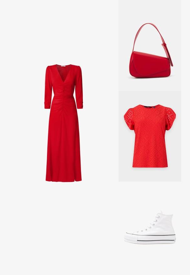 Crvena majica kratkih rukava s teksturiranim dizajnom i dijamantnim izrezima, glatke površine. Okrugli izrez i napuhane rukave.; Crvena haljina s V-izrezom, rukavima do tri četvrtine i nabranim detaljima u struku i na leđima. Tkanina izgleda glatko i lagano.; Bijela visoka platnena tenisica s crnom gumenom potplatom, prednjim gumenim zaštitnikom prstiju i šest rupa za vezanje, s čistim, minimalističkim dizajnom.; Crvena kožna torba s kutnim, geometrijskim dizajnom. Ima jedan podesivi remen i preklopni zatvarač sa šivenim detaljima.