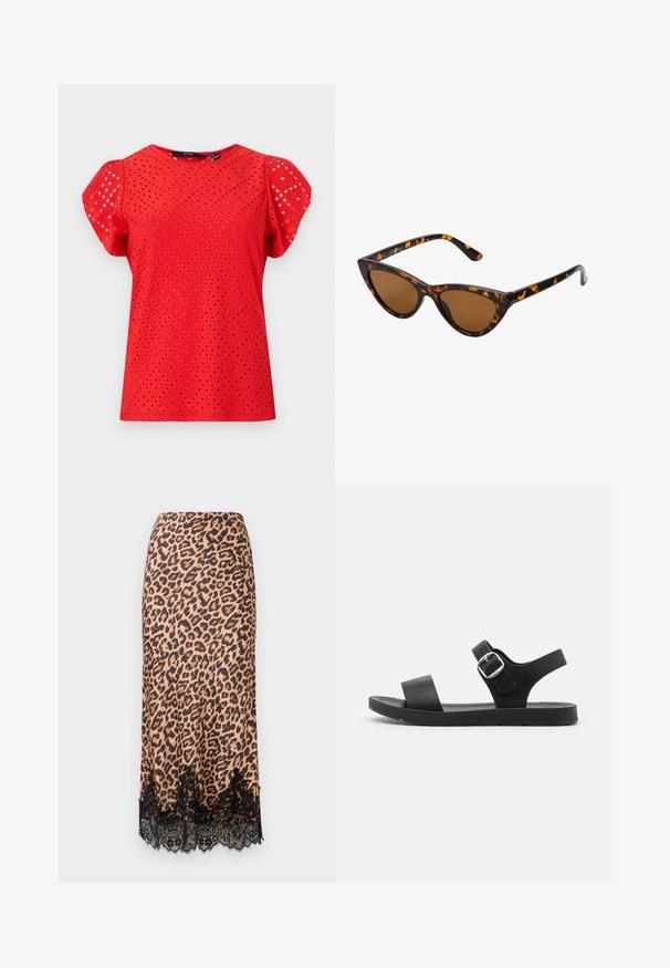 Rotes Oberteil mit kurzen Ärmeln, das ein strukturiertes Design mit Rautenausschnitten und einer glatten Oberfläche aufweist. Rundhalsausschnitt und gepuffte Ärmel.; Midirock im Leopardenmuster aus glattem Stoff, mit einem schwarzen Spitzenbesatz, A-Linien-Schnitt und einem figurbetonten Bund.; Schwarze Sandalen mit flacher Sohle, verstellbarer Schnalle, zwei breiten Riemen und glatter Textur, die für Komfort und einfaches Tragen ausgelegt sind.; Katzenaugen-Sonnenbrille mit einem schwarz-orangenen Schildpattrahmen, braunen Gläsern und schlanken, spitzen Enden. Verfügt über ein minimalistisches Logo am Bügel.