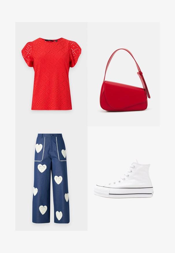 Rotes Oberteil mit kurzen Ärmeln, das ein strukturiertes Design mit Rautenausschnitten und einer glatten Oberfläche aufweist. Rundhalsausschnitt und gepuffte Ärmel.; Sister Jane HEART TO HEART - Jeans Straight Leg - blue denim; Weiße hochwertige Leinensneaker mit schwarzer Gummisohle, vorderem Gummizehenschutz und sechs Ösen für Schnürsenkel, die ein sauberes, minimalistisches Design aufweisen.; Rote Lederhandtasche mit einem kantigen, geometrischen Design. Verfügt über einen verstellbaren Schulterriemen und einen Klappenverschluss mit genähten Details.