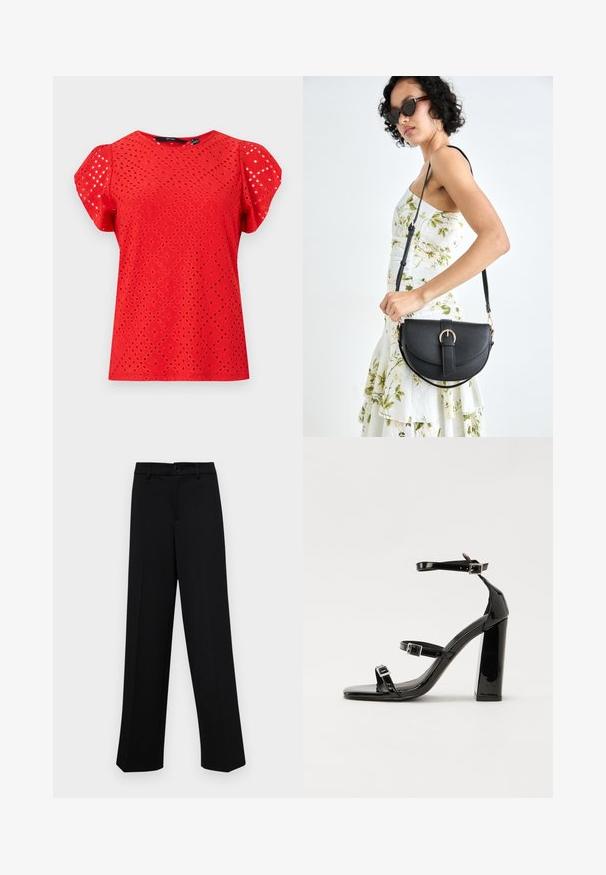 Red short-sleeve top featuring a textured design with diamond cutouts and a smooth finish. Round neckline and puffed sleeves.; Black wide-leg trousers made of smooth fabric, featuring a classic waistband with a button closure and front pleats.; Black patent heeled sandals with a square toe, ankle straps, and silver buckles. Features a chunky block heel for stability.; Black leather handbag with a curved shape, detachable strap, and gold hardware. The bag features a flap with a buckle detail.