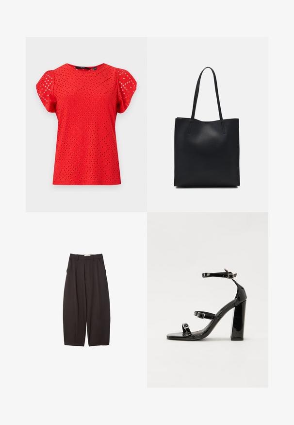 Červený krátký rukáv top s texturovaným designem a diamantovými výřezy a hladkým povrchem. Klasický kulatý výstřih a nabírané rukávy.; Černé široké kalhoty vyrobené z hladkého materiálu, s vysokým pasem, předními sklady a bočními kapsami. Jednoduchý design bez ozdob.; Černé lakované sandály na podpatku se čtveratou špičkou, lýtkovými pásky a stříbrnými přezkami. Disponují masivním blokovým podpatkem pro stabilitu.; Černá kožená taška přes rameno s hladkým povrchem, obdélníkovým tvarem a dvěma dlouhými uchy. Žádné viditelné kování ani ozdoby.