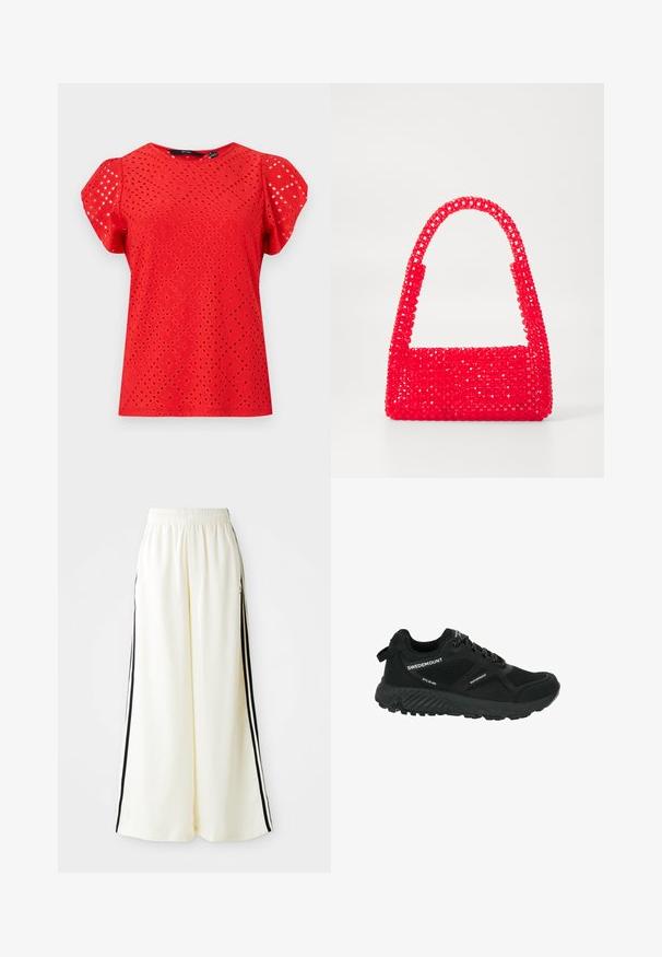 Rotes Oberteil mit kurzen Ärmeln, das ein strukturiertes Design mit Rautenausschnitten und einer glatten Oberfläche aufweist. Rundhalsausschnitt und gepuffte Ärmel.; Weiße weite Hosen mit elastischem Bund und schwarzen vertikalen Streifen an den äußeren Nähten.; Schwarzer wasserdichter Wanderschuh mit Netzpaneelen, strukturiertem Sohlenprofil, runder Zehenpartie und reflektierenden Schnürsenkeln. Verfügt über ein Logo und eine Zuglasche an der Ferse.; Rote Handtasche aus Perlenkunststoff, mit einem quadratischen Boden und einem gebogenen Griff. Die Oberfläche hat ein strukturiertes, glattes Finish mit einem Muster aus Perlen.