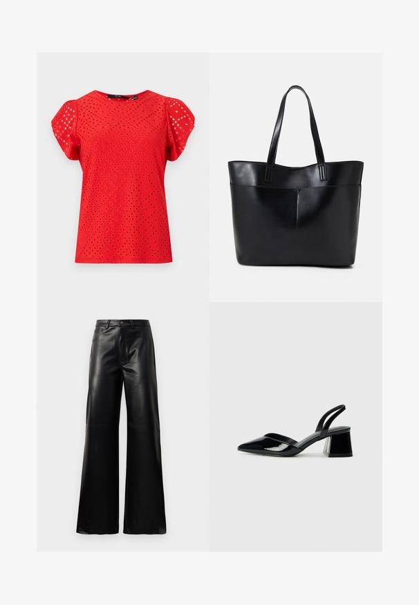 Rød kortermet topp med en teksturert design med diamantutskjæringer og en glatt overflate. Rund hals og puffermer.; Sorte høy midje vide ben bukser i imitert skinn med knapp foran, glidelås, beltehemper og sidelommer på hvit bakgrunn.; Svarte patentlær slingback hæler med spiss tå og geometrisk blokk hæl. Har et stilrent, minimalistisk design og jevn tekstur.; Svart lær toteveske med to lange håndtak, en glatt tekstur og en strukturert form. Har en frontlomme for ekstra oppbevaring.