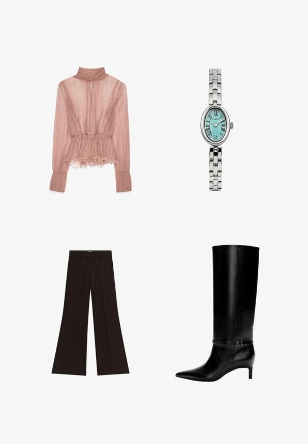 Jasnoróżowa bluzka plisowana z wysokim kołnierzem, falbanowym dołem oraz długimi rękawami, z teksturowanej tkaniny i dopasowanym taliowaniem.; Czarne, szerokie spodnie z wysokim stanem, z pętelkami na pasek i bocznymi kieszeniami, leżące płasko na białym tle.; Czarne skórzane wysokie botki z ostrym noskiem i niskim obcasem. Posiadają wąski pasek z metalową klamrą wokół kostki. Gładka tekstura.; Srebrny zegarek Timex o owalnej tarczy, tealowym cyferblacie, rzymskich cyfrach oraz polerowanej metalowej bransolecie z teksturowanymi ogniwami.; Srebrne kolczyki z fakturowanym wzorem, z okrągłą, białą perłą w centrum, osadzone w falistej, ażurowej ramce.