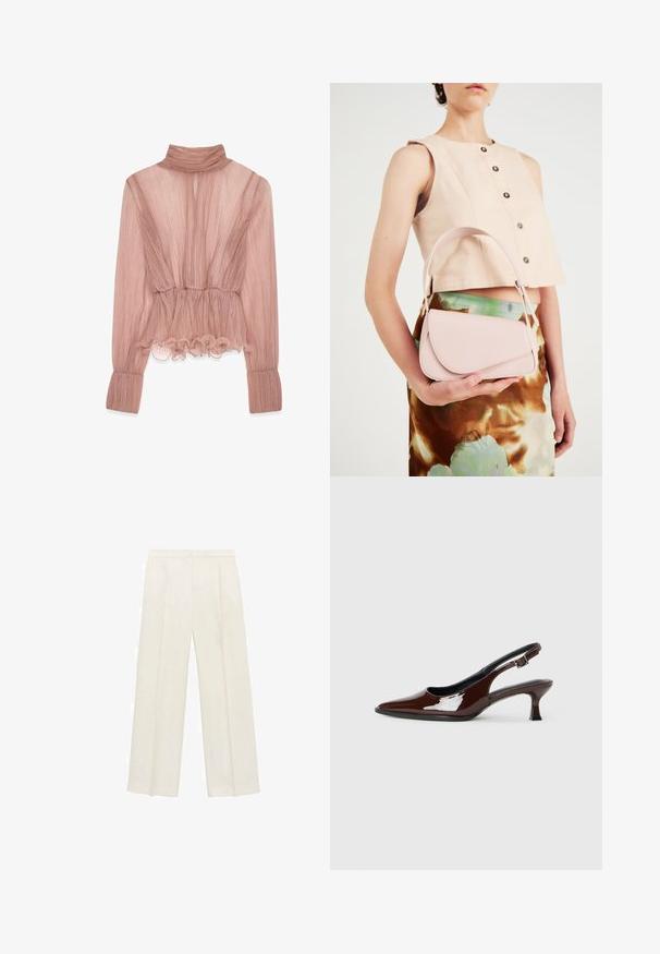 Helles rosa, plissiertes Blusenshirt mit hohem Kragen, Rüschensaum und langen Ärmeln. Es hat einen strukturierten Stoff und eine taillierte Passform.; Weit geschnittene Hosen in einem hellen cremefarbenen Farbton. Hergestellt aus einem glatten Stoff mit Falten an der Vorderseite und seitlichen Taschen.; Braune Lackleder-Slingback-Schuhe mit spitzer Zehe und moderatem Absatz. Mit einem Schnallenriemen für einen sicheren Sitz. Glatte Textur.; Rosa Lederhandtasche mit gewölbtem Deckel, einem Schulterriemen und klaren Linien. Die Tasche zeigt eine glatte Textur und ein minimalistisches Design.