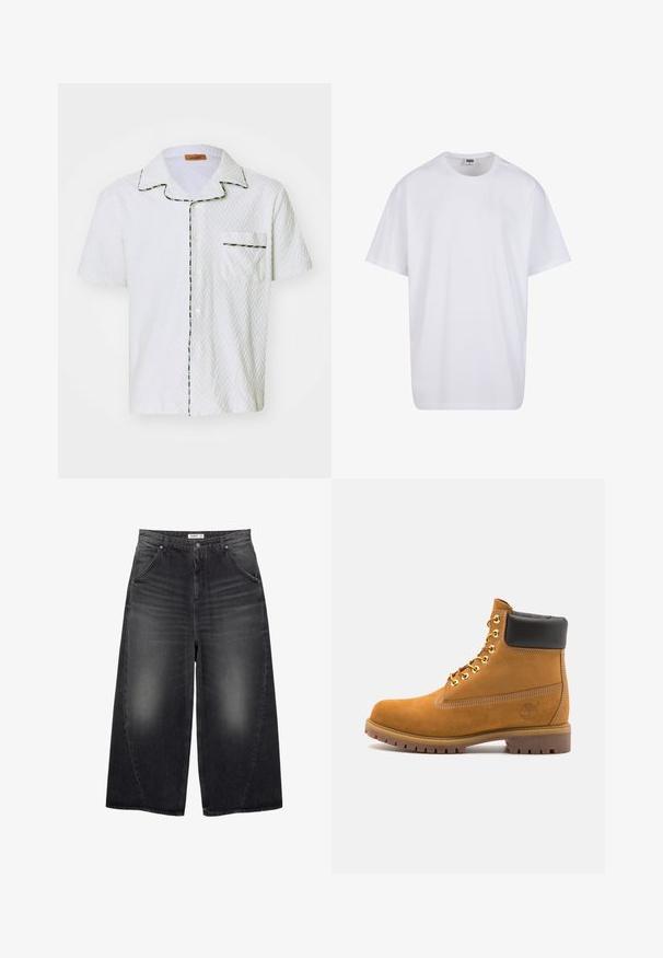 Rövid ujjú fehér ing halszálkás textúrával, fekete díszítéssel és színes élénkkel a galléron és a zseb körül. Egy zsebével.; Fehér pamut póló rövid ujjal, kerek nyakú, laza szabású, és nincsenek látható logók vagy minták. Simább textúra és minimalista dizájn.; PULL&BEAR MEGA BAGGY - Túlméretezett farmernadrág - black; Barna velúr bokacipő fekete párnázott gallérral, arany fém fűzőlyukakkal, fehér varrási részletekkel és durva gumitalppal, amelynek kifejezett barázdái vannak.