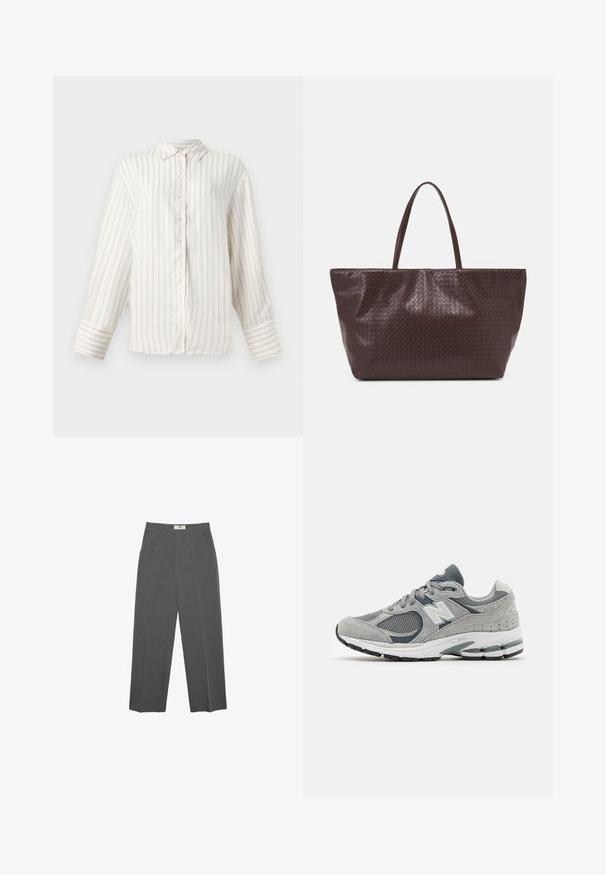 Biała koszula z długim rękawem w cienkie beżowe pionowe paski, z zapięciem na guziki z przodu i klasycznym kołnierzykiem. Szerokie mankiety z dopasowanym wzorem pasków.; Szare spodnie proste wykonane z teksturowanej tkaniny, z średnim stanem, szlufkami na pasek i kieszeniami po bokach. Brak widocznych wzorów lub akcentów.; Szare sneakersy wykonane z siateczki i zamszu, z białym logo, wyściółką przy kostce i teksturowaną gumową podeszwą. Akcenty w ciemniejszym odcieniu szarości.; Brązowa pleciona torba na ramię ze skórzanym wykończeniem, z dwoma uchwytami, o usztywnionym kształcie i teksturowanej powierzchni, z charakterystycznym wzorem w diamenty.