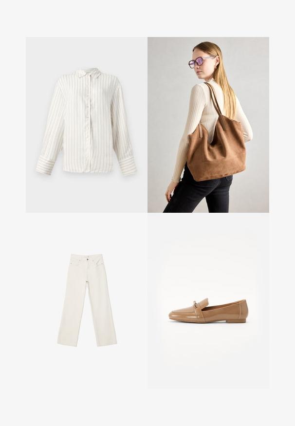 Bela srajca z dolgimi rokavi z tankimi bež navpičnimi črtami, z gumbi na sprednji strani in klasičnim ovratnikom. Široki manšeti z usklajenim vzorcem črt.; Beli široki traper hlače, izdelane iz denima, z visokim pasom, sprednjimi žepi in gumbnim zapiranjem. Čista zasnova z minimalnimi detajli.; Svetlo rjavi lakirani loaferi z zaobljenim nosom, ki vsebujejo dekorativno zanko in majhen kovinski poudarek, postavljeni na nizkem ravnem petu.; Rjava semišna torba z mehko teksturo, velikim odprtjem in dolgimi ročaji. Ima preprost dizajn z vidnim šivanjem in brez okovja.