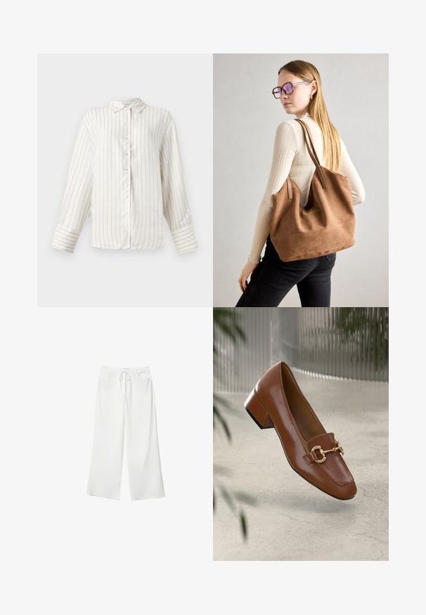 Biela košeľa s dlhým rukávom a tenkými béžovými vertikálnymi pruhmi, s tlačným predným dielom a klasickým golierom. Široké manžety s rovnakým prúžkovaným vzorom.; Biele široké nohavice vyrobené z mäkkej látky, s pásekom na sťahovanie a dvoma prednými vreckami. Hladká textúra a bez viditeľných vzorov.; Hnedé lakované kožené loafers s hranatou špičkou, kovovým reťazovým akcentom a nízkym blokovým podpätkom; hladká textúra, minimalistický dizajn.; Hnedá semišová taška na rameno s mäkkou textúrou, veľkým otvorom a dlhými popruhmi. Má jednoduchý dizajn s viditeľným šitím a bez kovových prvkov.