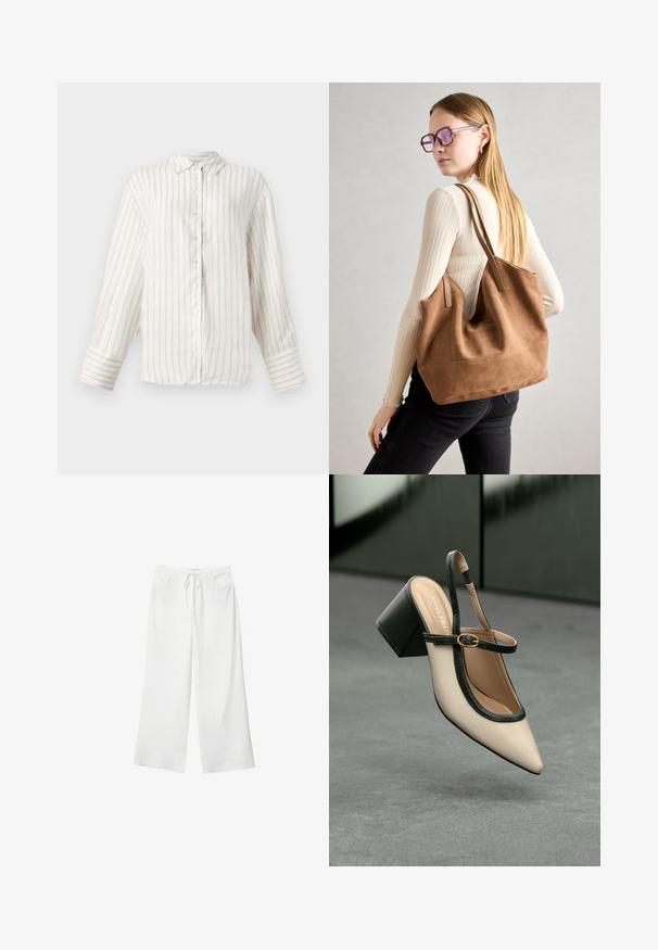 Biała koszula z długim rękawem w cienkie beżowe pionowe paski, z zapięciem na guziki z przodu i klasycznym kołnierzykiem. Szerokie mankiety z dopasowanym wzorem pasków.; Białe spodnie szerokie z miękkiego materiału, z elastycznym pasem i dwoma przednimi kieszeniami. Gładka tekstura i brak widocznych wzorów.; Beżowe buty typu slingback z ostrym noskiem, czarnym wykończeniem, złotą klamrą i grubym obcasem na szarym podłożu z ciemnozielonym tłem.; Brązowa torebka typu tote wykonana z zamszu o miękkiej teksturze, z dużym otwarciem i długimi paskami. Charakteryzuje się prostym designem z widocznymi szwami i bez elementów metalowych.
