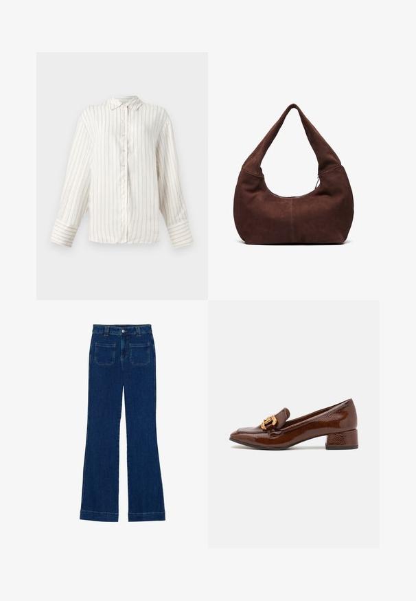Bela srajca z dolgimi rokavi z tankimi bež navpičnimi črtami, z gumbi na sprednji strani in klasičnim ovratnikom. Široki manšeti z usklajenim vzorcem črt.; Temne modre trpežne flare kavbojke z gladko teksturo, petimi žepi in gumbom za zapiranje na pasu.; Brahkni usnjeni mokasini z sijočo površino, ki imajo dekorativno zlato zaponko spredaj in nizko blok peto. Klasična zasnova.; Rjava semiš torba hobo z ukrivljenim, širokim ročajem in velikim odprtjem. Mehka tekstura z vidnimi šivi ob robovih.
