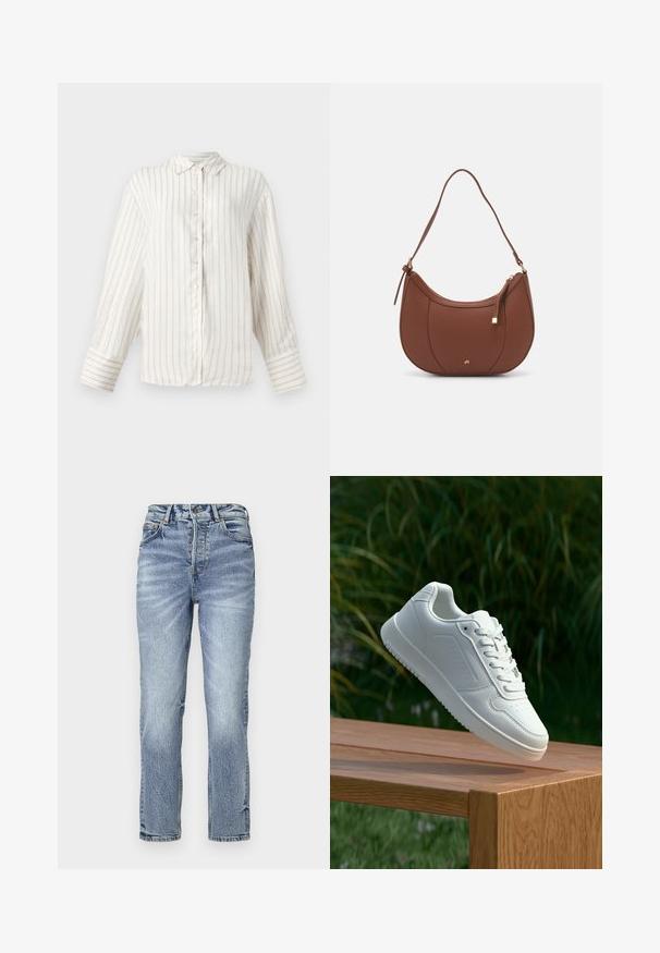 Balta garām piedurknēm krekls ar plānām bēšām vertikālām svītrām, pogu aizdare priekšā un klasiskā apkakle. Plašas aproces ar atbilstošu svītru rakstu.; Gaiši zila džinsu bikses ar taisnu piegriezumu, augstu jostu, izbalējušu tekstūru un piecām kabatām. Iekļauj metāla pogu un rāvējslēdzēja aizdari.; Baltie sporta apavi ar gludu sintētisku augšpusi, perforētu pirkstu daļu, plakani šņorēm un rakstainu zoli, novietoti uz koka virsmas.; Brūns mākslīgās ādas pleca soma ar izliekta forma, minimāls šuvums un zelta toņa aparatūras akcenti. Aprīkota ar augšējo rāvējslēdzēju un regulējamu siksnu.