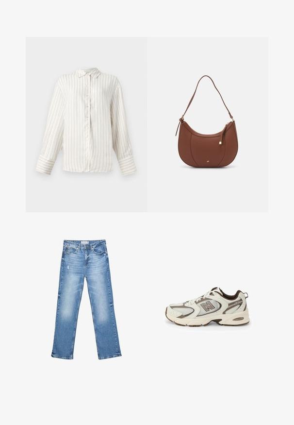 White long-sleeve shirt with thin beige vertical stripes, button-down front, and a classic collar. Wide cuffs with matching stripe pattern.; Light blue denim jeans, straight-leg design, faded areas, and subtle distressing. Features five pockets and a classic button-up fly.; White and brown athletic shoe with mesh upper, curved design, cushioned sole, and "N" logo on the side. Durable rubber outsole.; Brown faux leather shoulder bag with curved shape, minimal stitching, and a gold-tone hardware accent. Features a top zipper closure and adjustable strap.