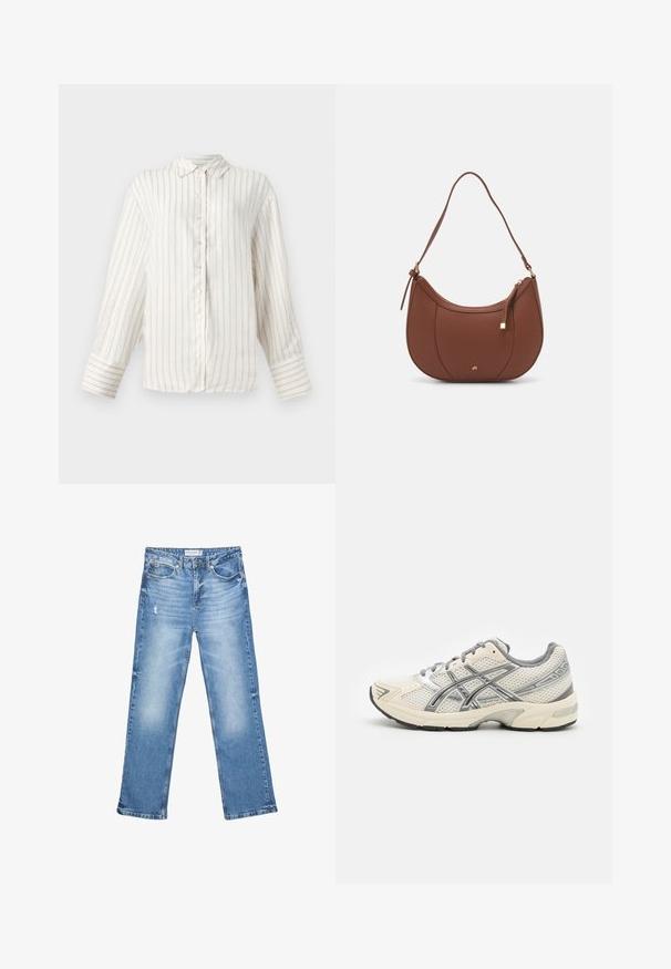 Bijela košulja dugih rukava s tankim bež vertikalnim prugama, s dugmadima sprijeda i klasičnim ovratnikom. Široki manžetni s usklađenim uzorkom pruga.; Svijetloplave traperice, ravnog kroja, s izblijedjelim dijelovima i suptilnim trošenjem. Imaju pet džepova i klasično zakopčavanje na dugme.; Trkačke cipela s prozračnom bijelom mrežom, srebrnim akcentima, sivim vezicama i izdržljivom crnom gumenom potplatom. Lagani, amortizirani dizajn.; Smeđa torba od umjetne kože s zakrivljenim oblikom, minimalnim šavovima i zlatnim metalnim detaljima. Ima zatvaranje na gornjoj strani sa patentnim zatvaračem i podesivu naramenicu.