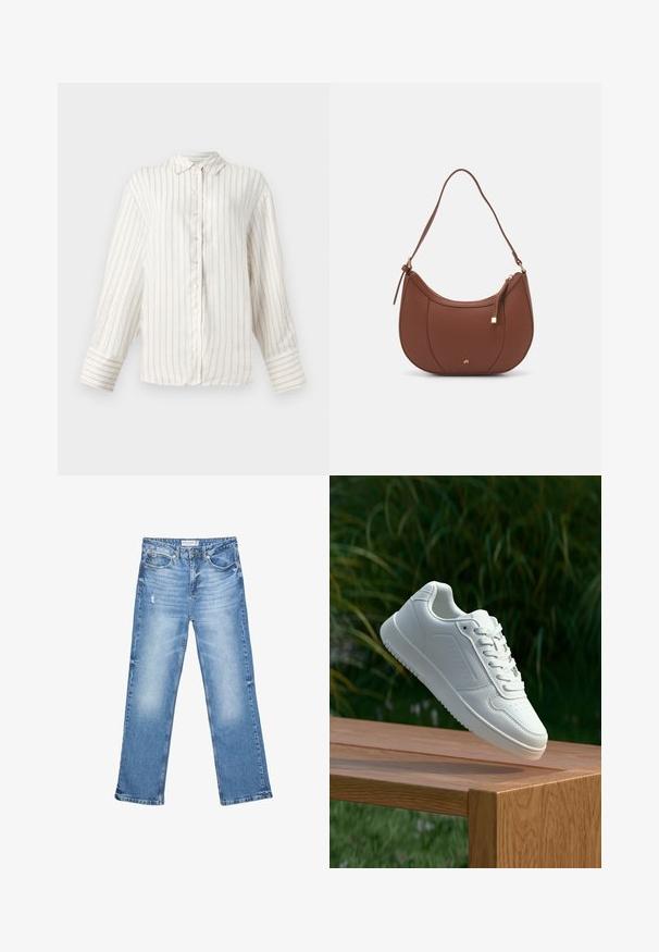 Bijela košulja dugih rukava s tankim bež vertikalnim prugama, s dugmadima sprijeda i klasičnim ovratnikom. Široki manžetni s usklađenim uzorkom pruga.; Svijetloplave traperice, ravnog kroja, s izblijedjelim dijelovima i suptilnim trošenjem. Imaju pet džepova i klasično zakopčavanje na dugme.; Bijela tenisica sa glatkim sintetičkim gornjim dijelom, perforiranim prednjim dijelom, ravnim vezicama i teksturiranom potplatom, prikazana na drvenoj površini.; Smeđa torba od umjetne kože s zakrivljenim oblikom, minimalnim šavovima i zlatnim metalnim detaljima. Ima zatvaranje na gornjoj strani sa patentnim zatvaračem i podesivu naramenicu.