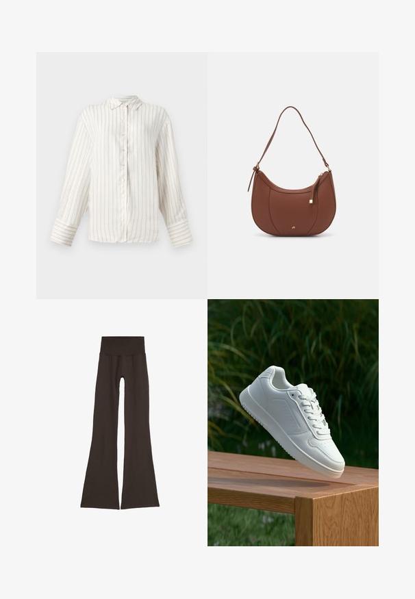 Witte blouse met lange mouwen en dunne beige verticale strepen, knoopsluiting aan de voorkant en een klassieke kraag. Brede manchetten met een bijpassend streeppatroon.; Donkerbruine flared leggings met een brede, geribbelde tailleband. Gemaakt van zacht, elastisch materiaal, met een naadloos ontwerp en zonder zichtbare hardware.; Witte sneaker met een gladde synthetische bovenkant, geperforeerde neus, platte veters en een gestructureerde zool, tentoongesteld op een houten oppervlak.; Bruine faux leren schoudertas met een gebogen vorm, minimale stiksels en een gouden hardware-accent. Voorzien van een bovenste ritsluiting en een verstelbare schouderband.