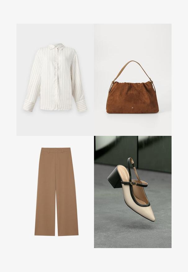 Weißes Langarmhemd mit feinen beigen vertikalen Streifen, Knopfverschluss vorne und klassischem Kragen. Breite Manschetten mit passendem Streifenmuster.; Weite Hose in einem einfarbigen Braunton, aus einem strukturierten Stoff gefertigt; verfügt über eine hohe Taille und ein strukturiertes Design mit Gürtelschlaufen.; Beiger Slingback-Pumps mit spitz zulaufender Schuhspitze, schwarzem Besatz und Schnallendetail. Glattes Material mit matter Oberfläche, mittelhoher Blockabsatz.; Braune Wildlederhandtasche mit einem gerafften Design, ausgestattet mit einem einzelnen hellbraunen Ledertragegurt und einem subtilen goldenen Logo-Detail auf der Vorderseite.