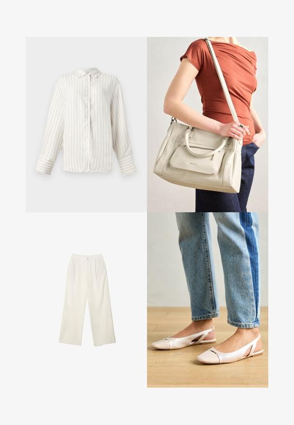 Hvid langærmet skjorte med tynde beige vertikale striber, knaplukning foran og klassisk krave. Bredde manchetter med matchende stribemønster.; Bredde bukser i cremefarvet stof med en glat tekstur, der har en enkelt knap foran, diskrete folder og design med høj talje.; Lyserøde slingback flade sko med spidse tær, lavet af et glat læderlignende materiale. Har udskæringsdetaljer på siderne og en flad hæl.; Hvid lædertaske med dobbelte hanke og en aftagelig skulderrem, der har en lynlåslomme foran og en glat overflade. Bæres på en persons arm.