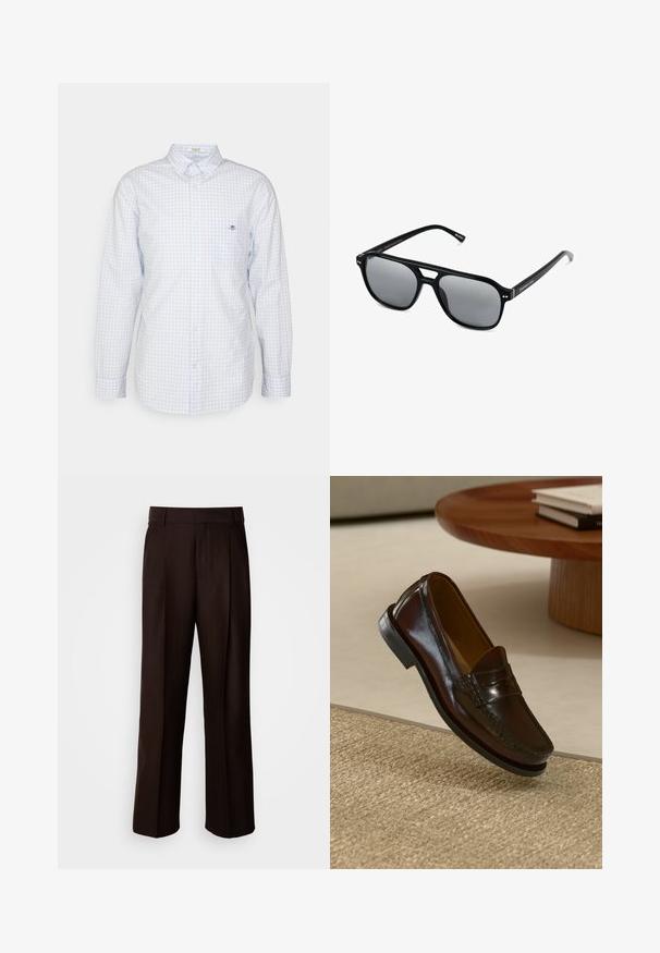 Světle modrá kostkovaná košile s dlouhými rukávy, límečkem a malým logem na hrudi. Vyrobena z bavlny, s hladkou texturou.; Hnědé kalhoty na míru se střihovým designem rovného nohavice, s předním skladem, hladkou texturou a klasickým pasem. Vhodné pro formální nošení.; Hnědé kožené loafery s lesklým povrchem, zdobené prošíváním vpředu a nízkoprofilovou černou gumovou podrážkou.; Černé sluneční brýle s obdélníkovými rámy, šedými tónovanými skly a designem s výřezem ve střední části. Hladký, lesklý plastový materiál, s úzkými stranami.