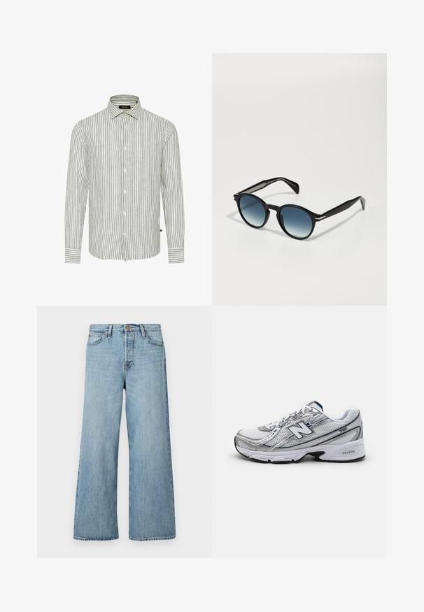 Grijs en wit gestreept overhemd met lange mouwen, klassieke kraag en knopen aan de voorkant; heeft een gestructureerde stof met een casual ontwerp.; Witte katoenen t-shirt met korte mouwen, ronde hals en een relaxed fit. Gladde textuur zonder zichtbare patronen of accenten.; Lichtblauwe wijde denimjeans met knoopsluiting, subtiele vervaging en standaard vijf-pocket ontwerp.; New Balance sportieve schoen met een bovenwerk van mesh, voornamelijk wit met grijze en marineblauwe accenten, voorzien van een gevoerde zool en textuurdetails.; Zwarte zonnebril met een ovale vorm, gradient blauwe lenzen en slanke armen met unieke zilveren accenten. Gladde textuur overal.