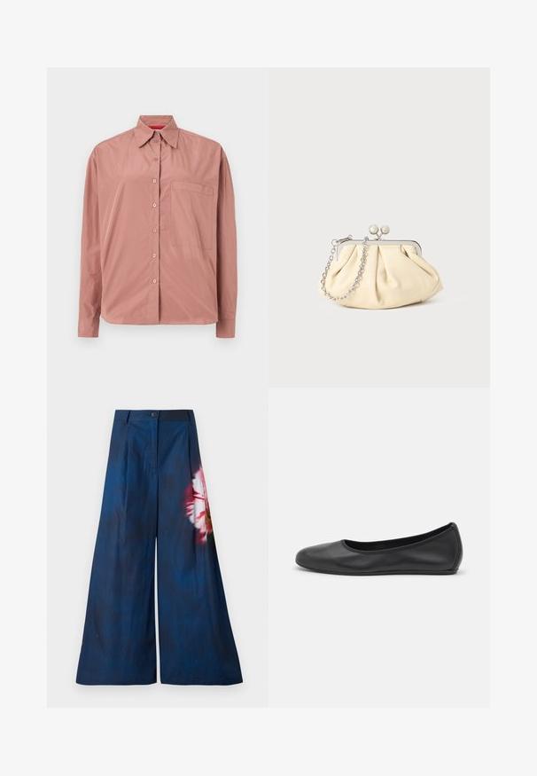 Camicia a maniche lunghe abbottonata in rosa polveroso, realizzata in tessuto morbido. Presenta una tasca sul petto e un colletto strutturato. Bottoni abbinati nel colore.; Pantaloni a gamba larga in tessuto blu scuro, con una stampa floreale in rosa e giallo su un lato, dotati di chiusura con bottone in vita.; Pantofole da balletto nere in pelle con punta arrotondata, texture liscia, dettagli di cucitura minimi e design con suola flessibile.; Clutch in pelle beige plissettata con una struttura in metallo argento, dotata di due chiusure decorative rotonde e una tracolla in catena argentata.