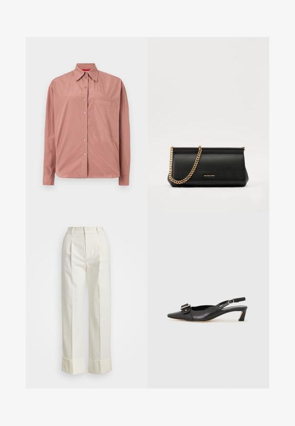 Camicia a maniche lunghe abbottonata in rosa polveroso, realizzata in tessuto morbido. Presenta una tasca sul petto e un colletto strutturato. Bottoni abbinati nel colore.; Pantaloni bianchi su misura con vita alta, doppie pieghe frontali e gamba larga con risvolti. Realizzati in un tessuto liscio e strutturato.; Scarpa slingback in pelle nera con punta affusolata, tacco basso e dettaglio decorativo a fibbia sulla parte superiore. Texture liscia, design minimalista.; Clutch bag in pelle nera con tracolla in catena dorata, caratterizzato da una superficie liscia, forma rettangolare e branding in rilievo sul davanti.