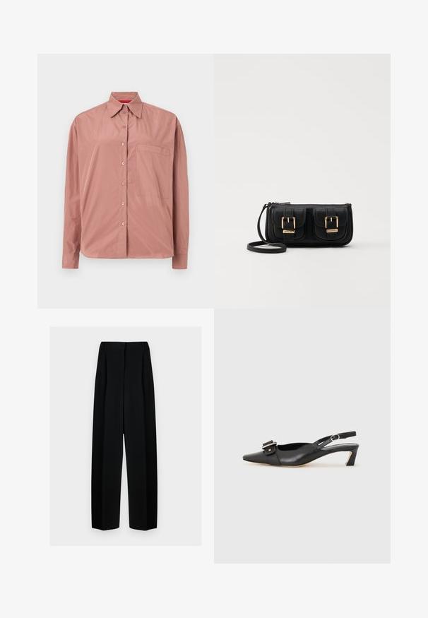 Koszula z długim rękawem, zapinana na guziki w przytłumionym różu, wykonana z gładkiego materiału. Posiada kieszonkę na piersi i usztywniony kołnierz. Guziki w dopasowanym kolorze.; Czarne spodnie o szerokich nogawkach z wysokim stanem, z plisami i gładką teksturą. Materiał wydaje się lekki i elegancko się układa.; Czarne skórzane buty typu slingback z ostrym noskiem, małym obcasem i ozdobnym zapięciem na górze. Gładka faktura, minimalistyczny design.; Czarna skórzana torba na ramię z dwoma przednimi kieszeniami, złotymi klamrami, zamkiem błyskawicznym i cienkim paskiem. Teksturowana powierzchnia i kompaktowy prostokątny kształt.