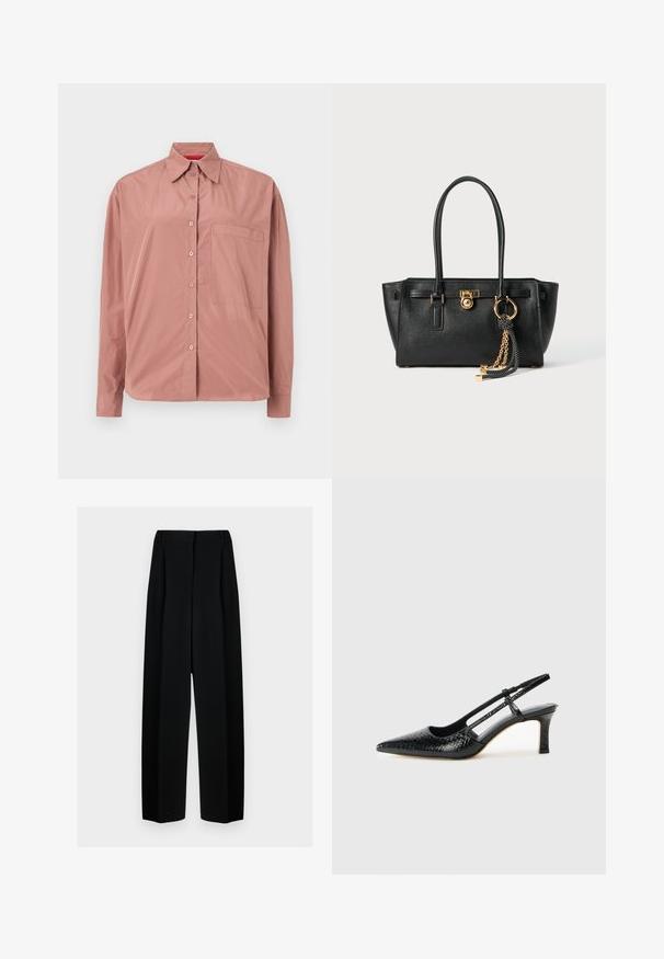 Langärmliges, knöpfbares Hemd in staubigem Pink, aus glattem Stoff gefertigt. Verfügt über eine Brusttasche und einen strukturierten Kragen. Die Knöpfe sind farblich abgestimmt.; Schwarze weit geschnittene Hosen mit hoher Taille, die Falten und eine glatte Textur aufweisen. Der Stoff wirkt leicht und fällt elegant.; Schwarze Lack-Slingback-Pumps mit spitzem Zehenbereich, versehen mit strukturiertem Schlangenprint, verstellbarem Riemen und einem kurzen, strukturierten Blockabsatz.; Schwarze Lederhandtasche mit doppelten Griffen, goldfarbener Verschluss- und Kettendetails sowie einem schwarz-weißen Quastenaccessoire vor weißem Hintergrund.