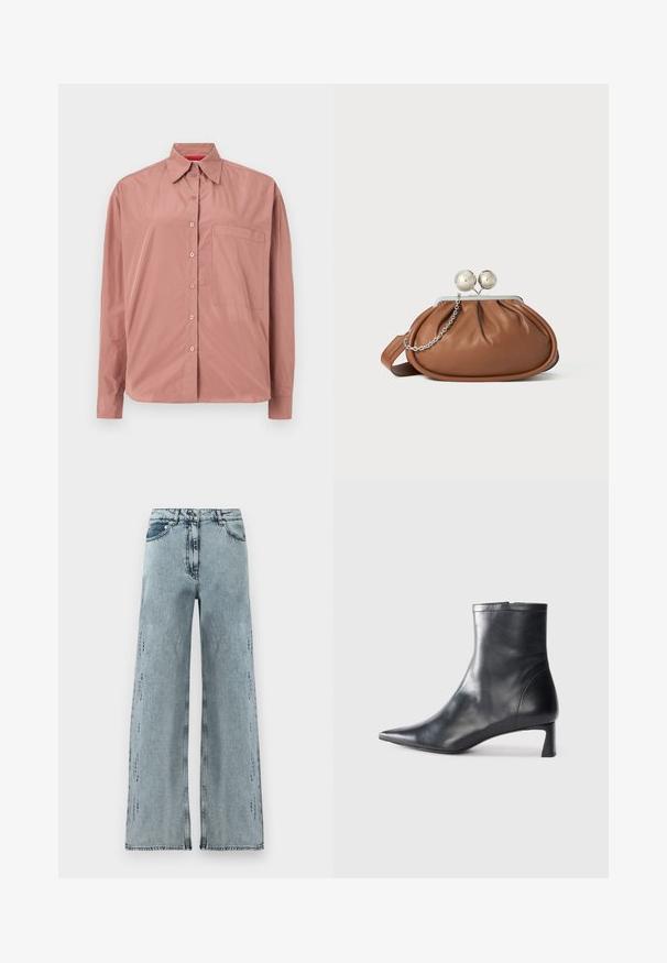 Long-sleeve, button-up shirt in dusty pink, made of smooth fabric. Features a chest pocket and a structured collar. Buttons matched in color.; Light blue wide-leg jeans made of denim, featuring a high waist, subtle distressing, and a loose fit with straight legs.; Black leather ankle boot with a pointed toe and a sleek design. Features a low heel and a zipper closure at the back. Smooth texture.; Brown leather clutch purse with silver ball clasp and a small silver chain detail on a white background.