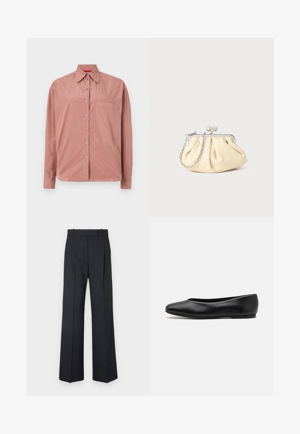 Langärmliges, knöpfbares Hemd in staubigem Pink, aus glattem Stoff gefertigt. Verfügt über eine Brusttasche und einen strukturierten Kragen. Die Knöpfe sind farblich abgestimmt.; Dunkelblaue Nadelstreifenhosen mit hoher Taille, weit geschnittenem Bein und ohne sichtbare Beschläge oder Verzierungen. Glatte Textur und taillierte Passform.; Paul Smith TOPANGA - Klassischer Ballerina - black; Faltige beigefarbene Ledertasche mit einem silbernen Metallrahmen, ausgestattet mit zwei runden dekorativen Verschlüssen und einem silbernen Kettenriemen.