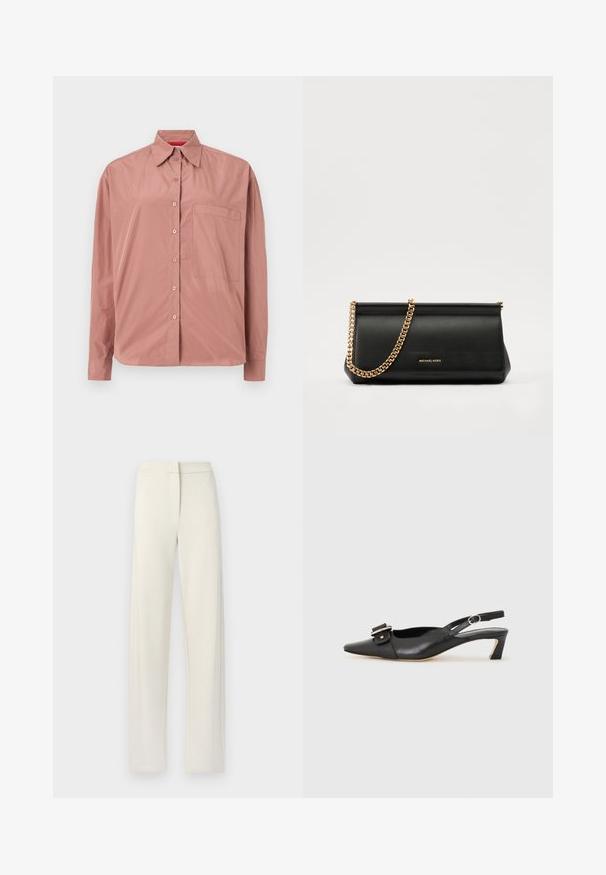 Langsleeve, knoop-overhemd in stoffige rozenkwarts, gemaakt van gladde stof. Voorzien van een borstzak en een gestructureerde kraag. Knoopjes in bijpassende kleur.; Crème-kleurige, wijde broek van zachte stof, met een rechte voorkant, zijzakken en gestikte details langs de naden.; Zwarte leren slingback schoen met scherpe neus, kleine hak en decoratieve gespdetails op de bovenkant. Stijlvolle textuur, minimalistisch ontwerp.; Zwarte leren clutch tas met een gouden kettinghengsel, voorzien van een gladde textuur, rechthoekige vorm en reliëfmerk op de voorkant.