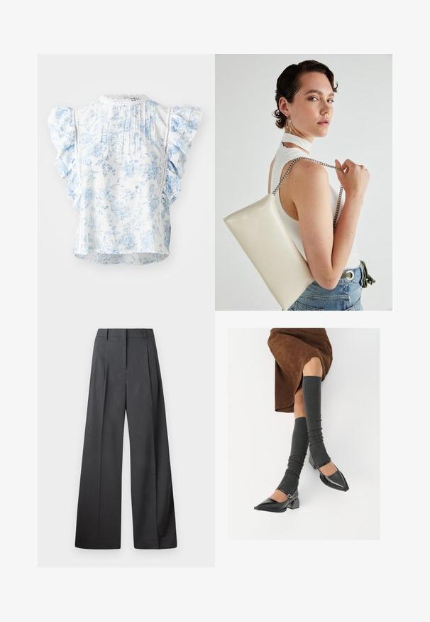 Bijela bluzica s plavim cvjetnim uzorkom, kratkim naboranim rukavima, nabranim leđima i čipkastim rubom na izrezu. Lagana tkanina.; Hlače širokih nogavica u tamnosivoj tkanini, s visokim strukom, jednim naborom i glatkom teksturom s urednim završetkom na rubovima.; Crne lakirane cipele s šiljastim prstima, blok-petom i remenom oko gležnja, uparene s sivim rebrastim čarapama do koljena i smešnom suknjom od antilopa.; Bijela pravokutna torbica s kopčanjem, izrađena od sjajnog materijala, s srebrnim lančićem. Model pozira, prikazujući torbicu na jednostavnoj pozadini.