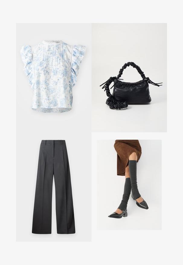 Blusa bianca con motivo floreale blu, maniche corte arricciate, schiena plissettata e rifinitura all'uncinetto nel colletto. Tessuto leggero.; Pantaloni a gamba larga in tessuto grigio scuro, con vita alta, pieghe singole e una texture liscia con una finitura pulita sui orli.; Scarpe nere in pelle verniciata con punta affilata, tacco a blocco e cinturino alla caviglia, abbinate a scaldamuscoli grigi a coste e una gonna in suede marrone.; Borsa a tracolla in ecopelle nera con texture a coccodrillo, apertura cinchata e tracolla arricciata. Si presenta con un design morbido e compatto.