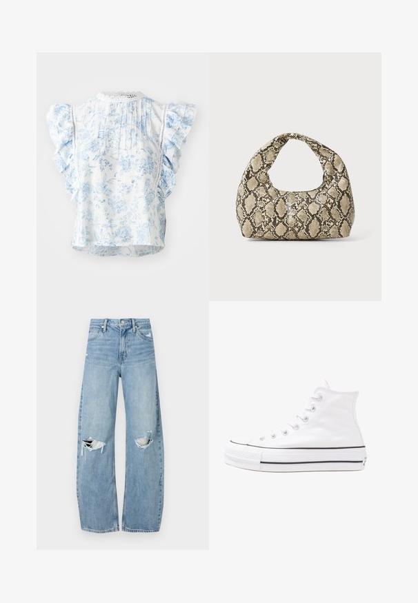 Hvit bluse med blå blomsterdesign, korte volangermer, plissert bak, og heklet trim ved halsen. Lett materiale.; Lyseblå høytlivsjeans laget av denim. Har vide bein, to revne knær og klassisk fem-lommers design.; Hvit høy-skinn kanvas sneakers med svart gummisåle, gummitåhette foran og seks hull for snorer, med et rent, minimalistisk design.; Veske med slangeskinnmønster og krummet håndtak. Laget av teksturerte, beige og brune materialer, med et særegent diamantmønster.