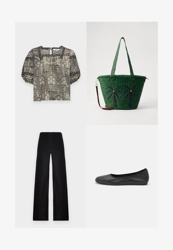 Kortskaft bluse i en kremfarget og svart blomsterdesign, med en bølget utskjæring på halsen og nøkkelhulldetalj bak. Lettvektig stoff.; Svarte vide bukser laget av lett stoff. Har høy midje, glatt tekstur og rene linjer uten lommer eller dekorasjoner.; Svart skinnballettflatt med rund tå, glatt tekstur, minimal sømdetalj, og et fleksibelt såledesign.; Grønn vevd totebag med palme-design i mørkere grønn; har to håndtak og et avtakbart belte i brunt lær.