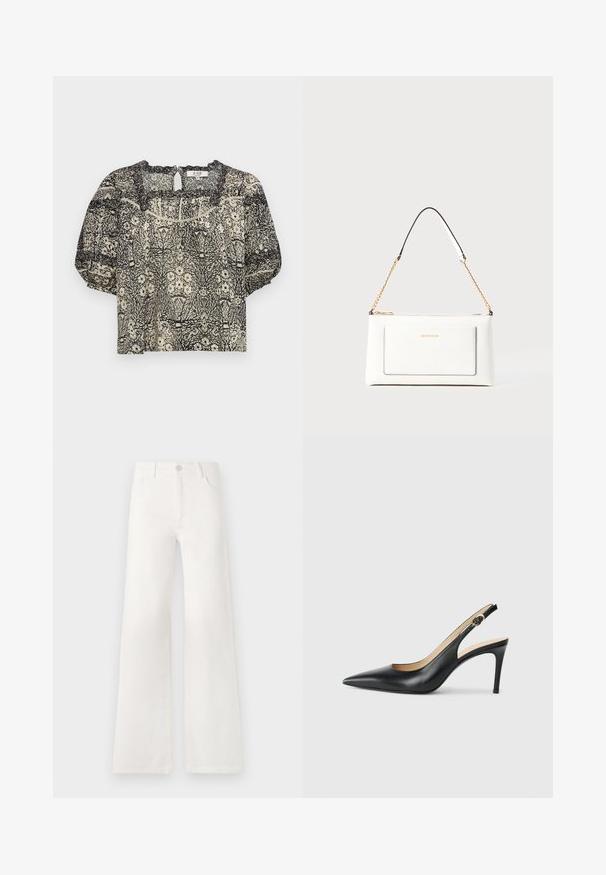 Krašu krekliņš ar īsām piedurknēm krēmkrāsā un melnā ziedu rakstā, ar viļņotu dekoltē un atslēgas caurumu aizmugurē. Viegls audums.; Baltas, augsto jostasvietu platās kājas džinsi, izgatavoti no denima. Iekļauj pogu aizdari, divas priekšējās kabatas un sānu šuves ar šuvju detaļām.; Melnas ādas sandales ar augstiem papēžiem un norādītu degunu, regulējama josta un elegants stiletto papēdis, kas izceļas ar gludu apdari.; Baltā ādas rokassomu ar teksturētu apdari, ar zelta ķēdes siksnu un melniem akcentiem. Iekļauj priekšējo kabatu un aizdari ar rāvējslēdzēju.